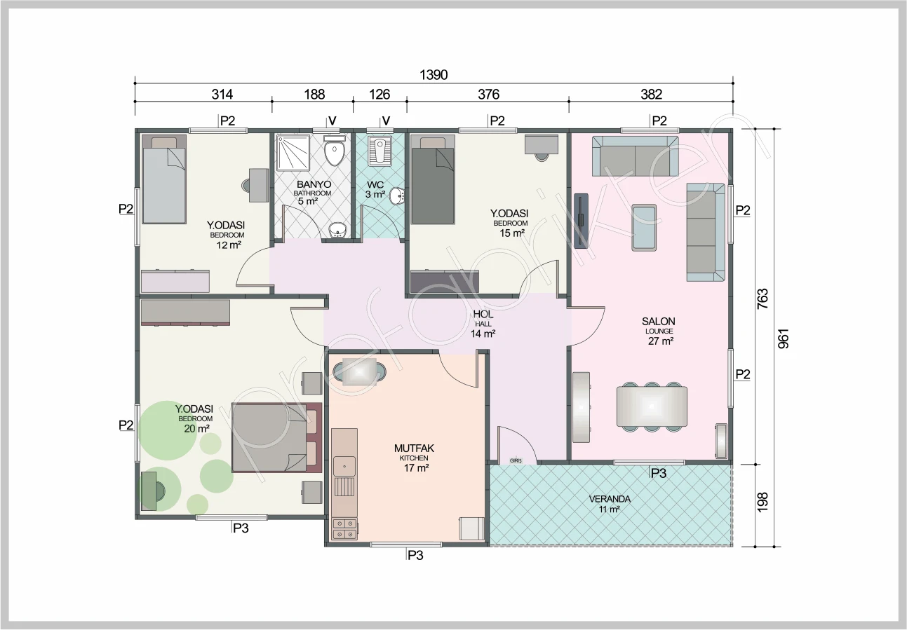 Single-Storey Prefabricated Home 122 m² — Floor Plan