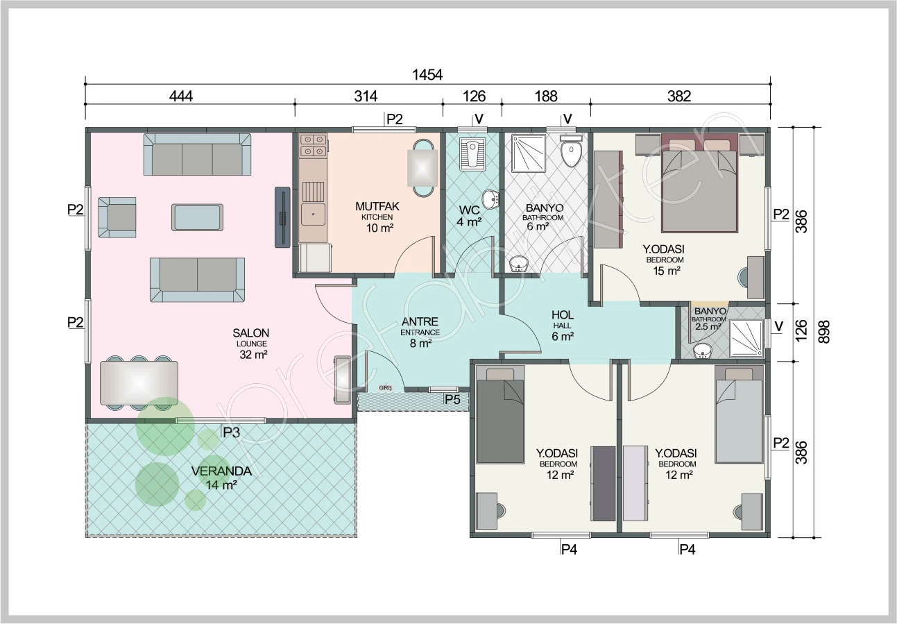 Single-Storey Prefabricated Home 123 m² — Floor Plan